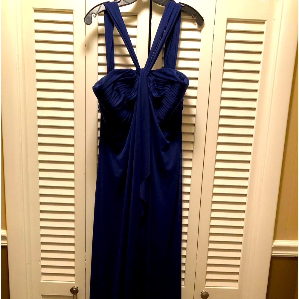 Halter evening gown very elegant navy with flowy s-shaped material in middle